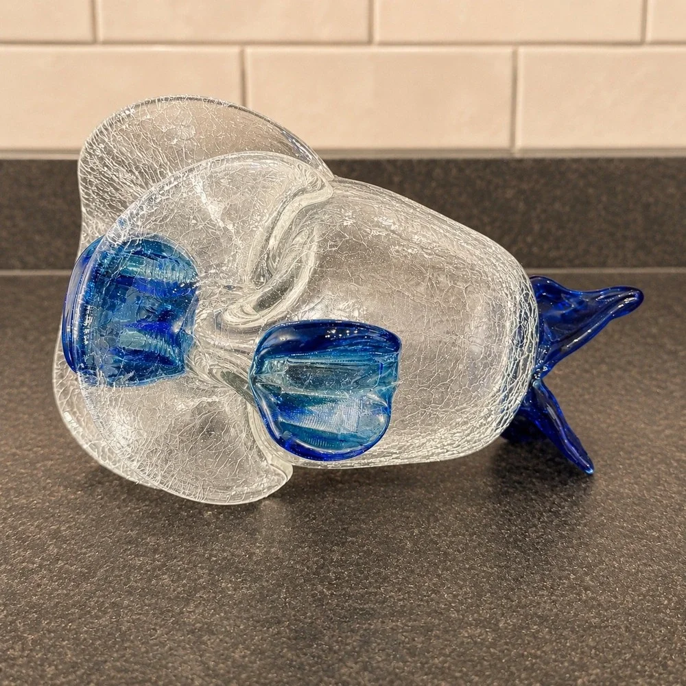 Art Glass Mexican Fish Crackle Glass Cobalt Blue Nautical Big Mouth Ashtray